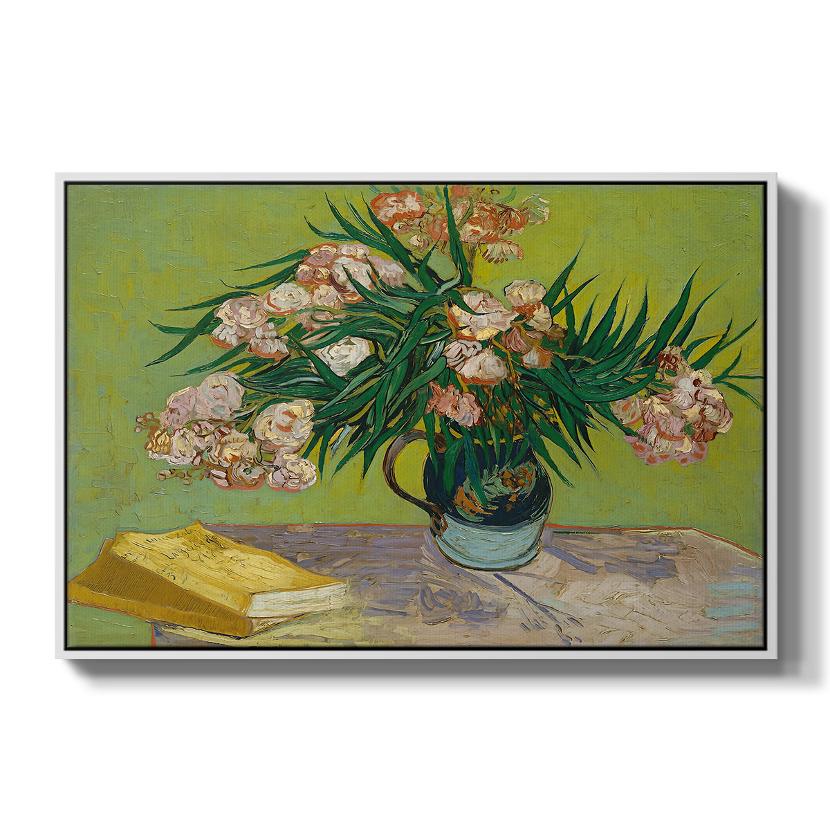 Vase with Oleanders and Books, 1888 - Floater Framed Canvas Print