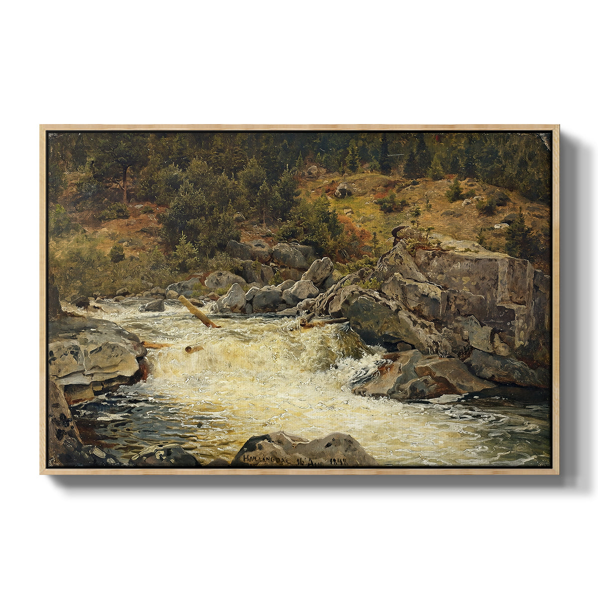 Waterfall in Hallingdal, 1848 - Floater Framed Canvas Print