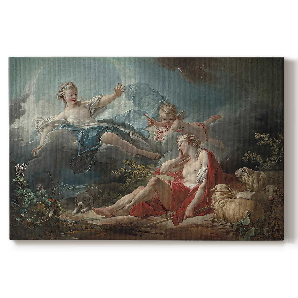 Canvas art print portraying a reclining male figure with female figure approaching in mythological landscape, set against a white background