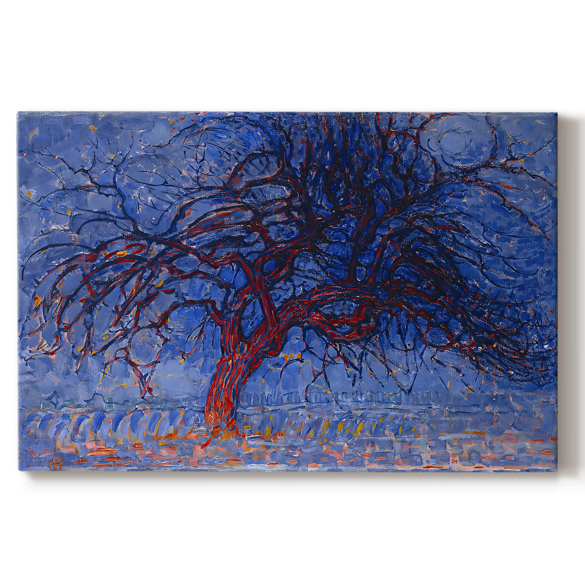 Canvas art print portraying a stylized red tree with branches against dark background, set against a white background