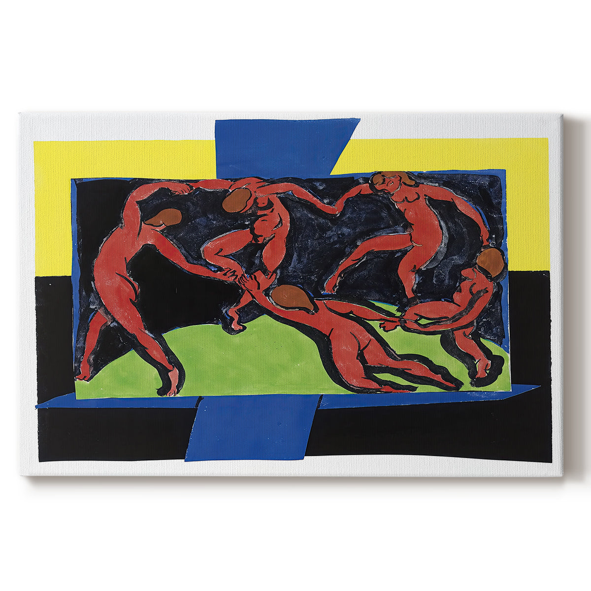 Canvas art print portraying a group of figures holding hands dancing in circular motion against bold background, set against a white background