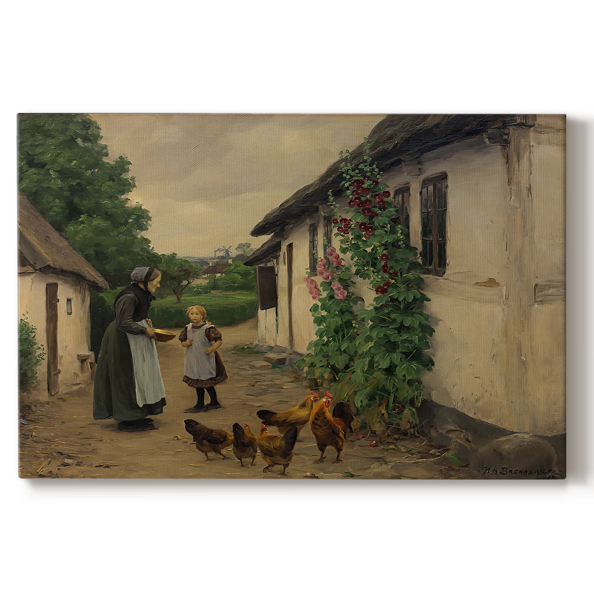 Canvas art print portraying figures gathered outside farmhouse greeting one another in village setting, set against a white background