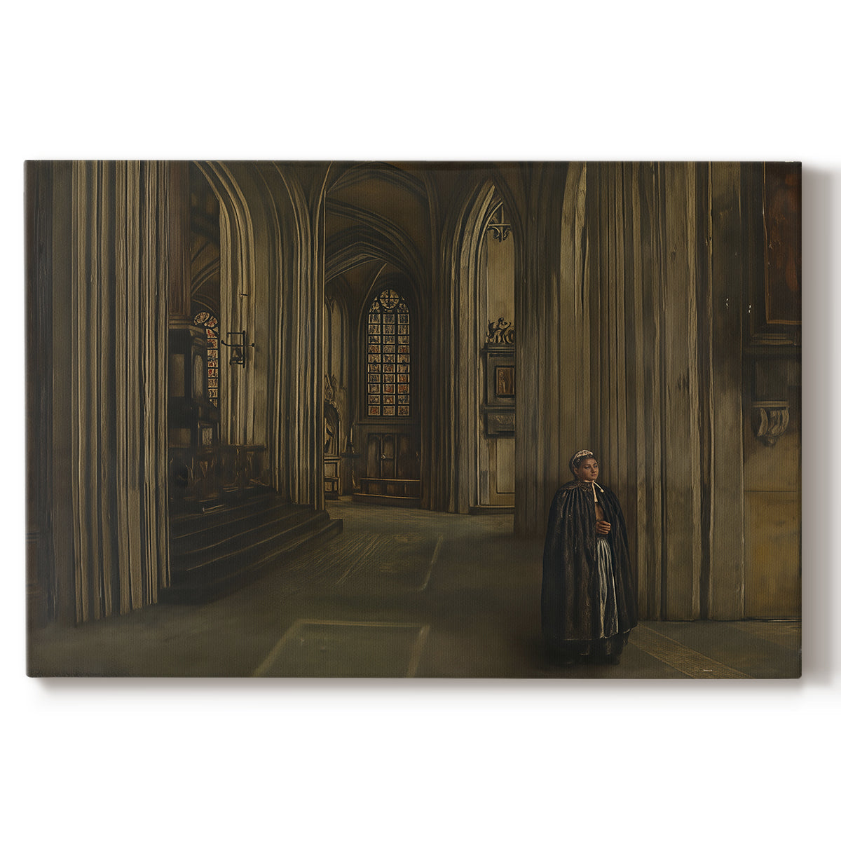 Canvas art print portraying a quiet church interior with columns, arches, and soft light, set against a white background