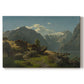 Canvas art print portraying a fjord landscape with mountains, water, and small settlement under open sky, set against a white background