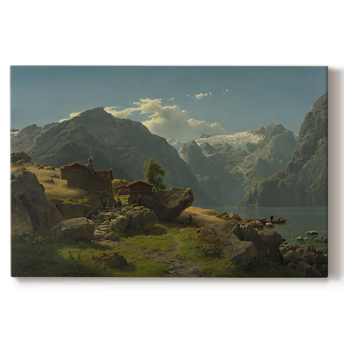 Canvas art print portraying a fjord landscape with mountains, water, and small settlement under open sky, set against a white background