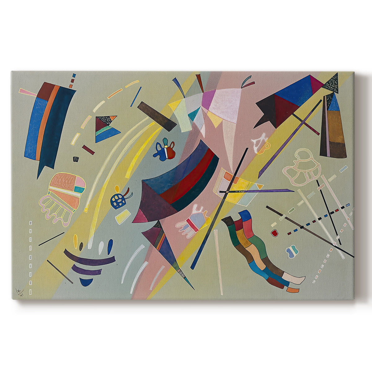 Canvas art print portraying a geometric abstract composition with intersecting lines and floating shapes, set against a white background