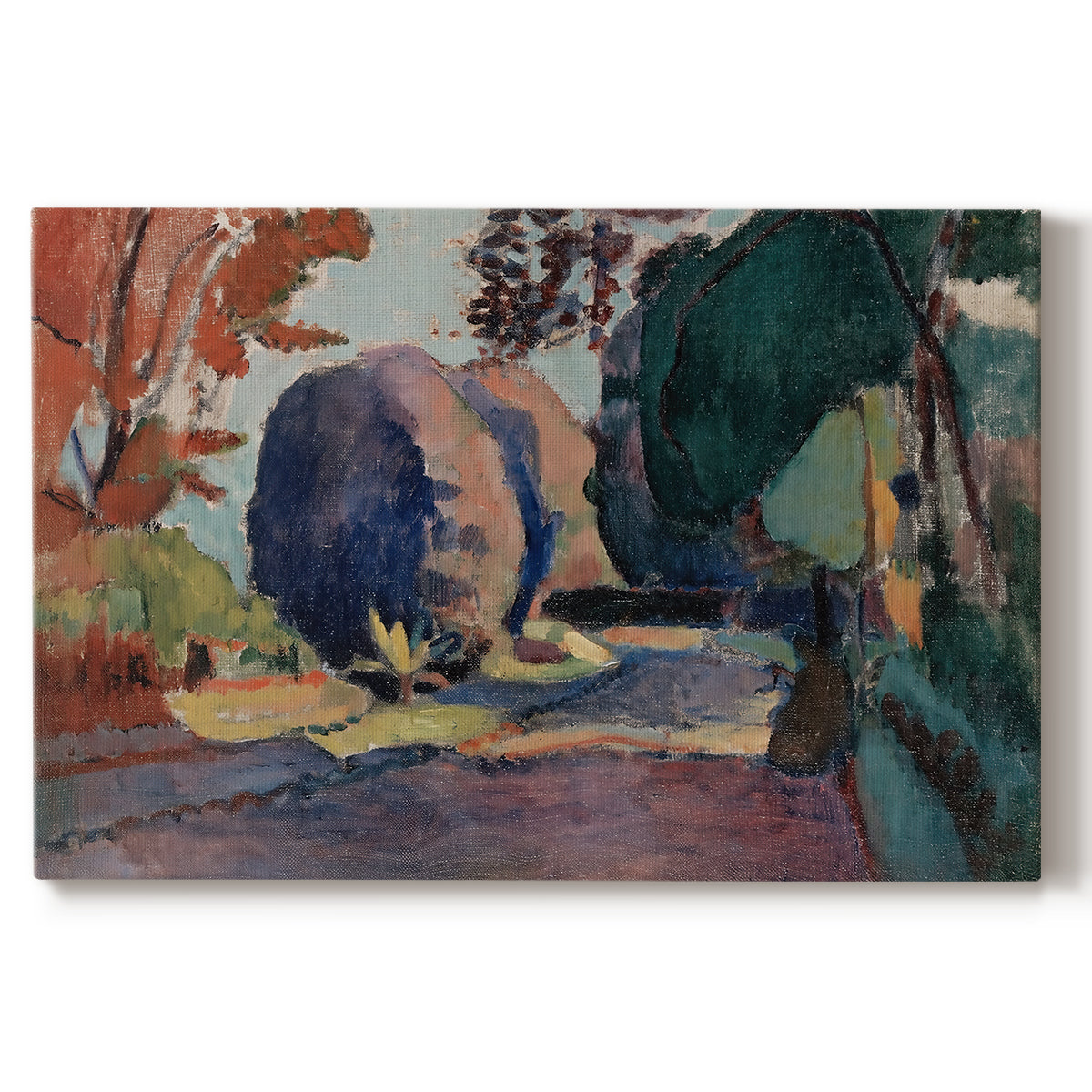 Canvas art print portraying a garden landscape with figure and dense greenery, set against a white background
