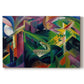 Canvas art print portraying a stylized deer within abstract garden setting of geometric shapes, set against a white background