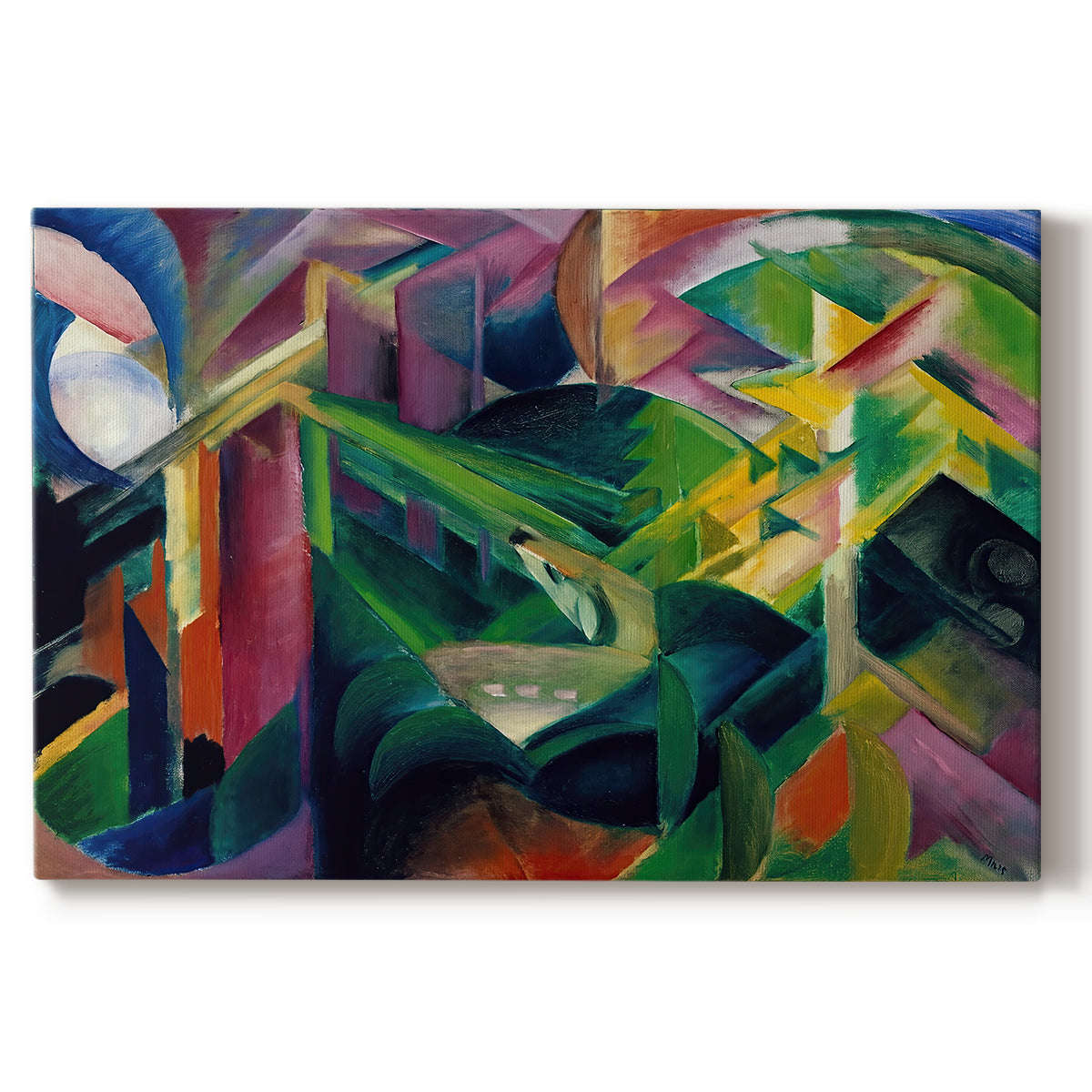 Canvas art print portraying a stylized deer within abstract garden setting of geometric shapes, set against a white background