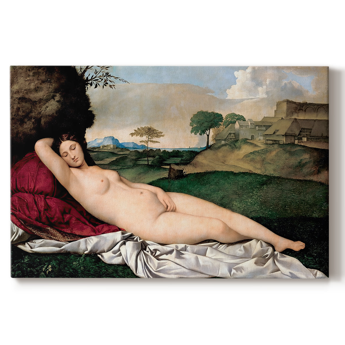 Canvas art print portraying a nude woman reclining asleep in open landscape with soft hills behind, set against a white background