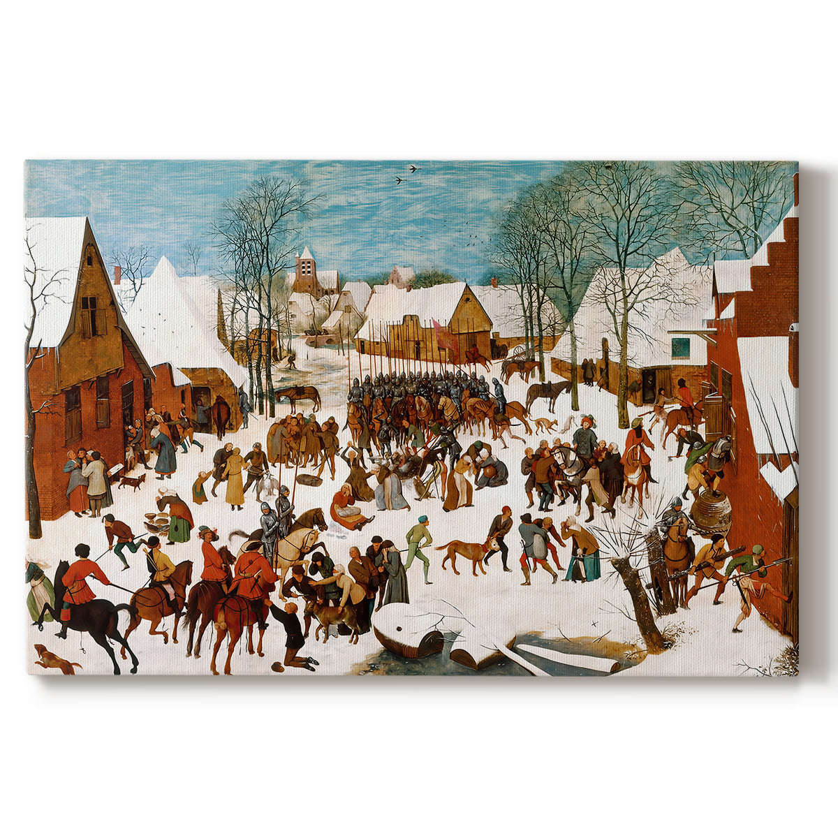 Canvas art print portraying a chaotic village scene with soldiers attacking civilians in winter setting, set against a white background