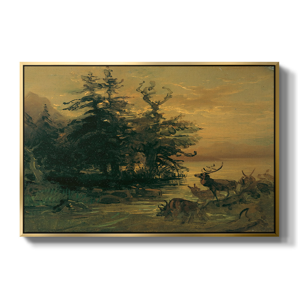 Wallowing Deer on the Shore of a Mountain Lake, c. 1850 - Floater Framed Canvas Print
