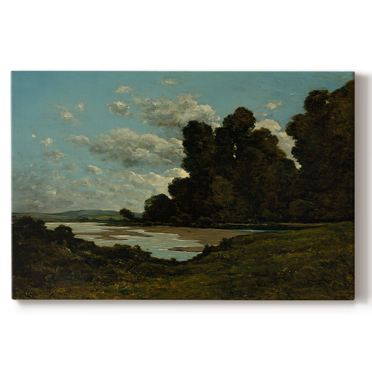Canvas art print portraying a wide river landscape with distant town and boats under open sky, set against a white background