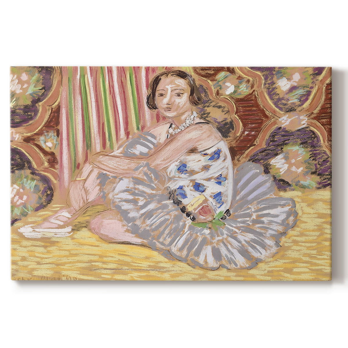 Canvas art print portraying a dancer figure posed in a decorative interior, set against a white background