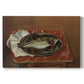 Canvas art print portraying a fish laid on a table in a simple still life arrangement, set against a white background