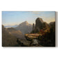 Canvas art print portraying a rugged mountain landscape with small figures near water and rocky cliffs, set against a white background