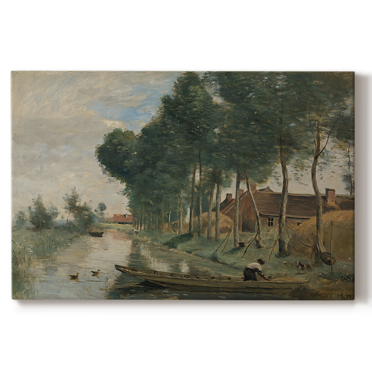 Canvas art print portraying a quiet rural landscape with trees and open terrain under muted sky, set against a white background