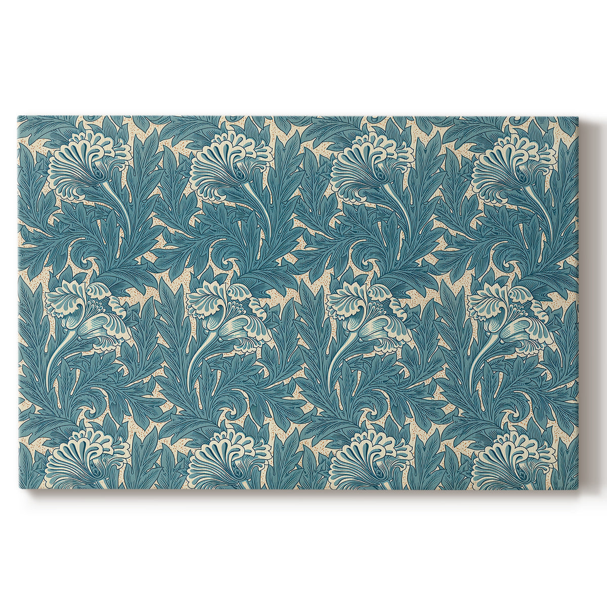 Canvas art print portraying a repeating floral pattern with tulip shapes in teal and neutral tones, set against a white background