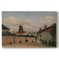 Canvas art print portraying a quiet suburban landscape with buildings, road, and open terrain, set against a white background