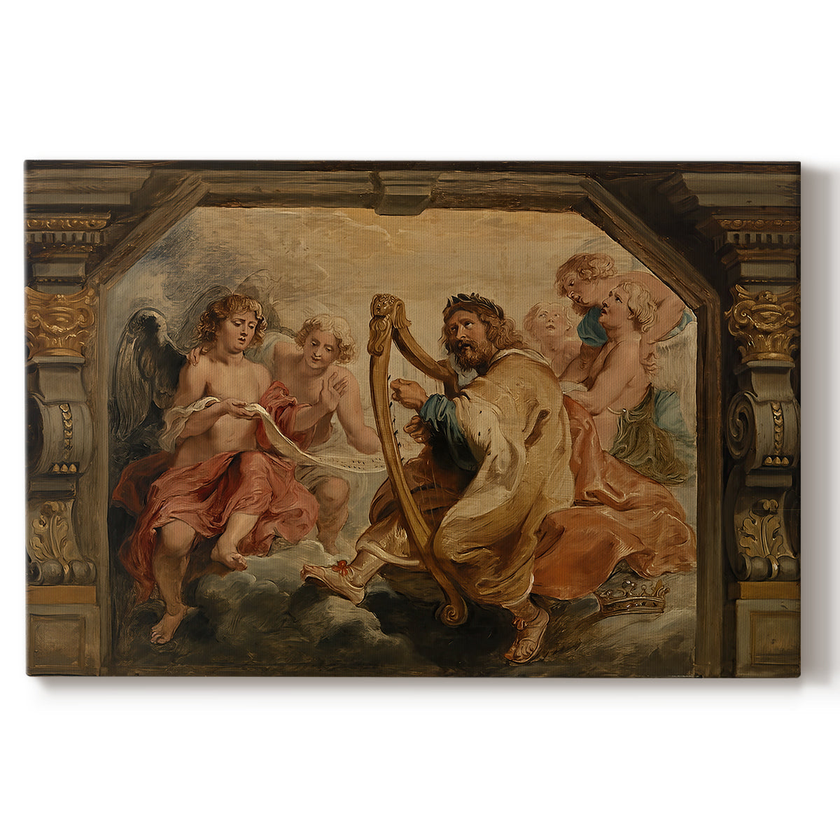 Canvas art print portraying a seated figure playing harp with attendants, set against a white background