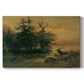 Canvas art print portraying deer near lakeshore with mountains behind, set against a white background