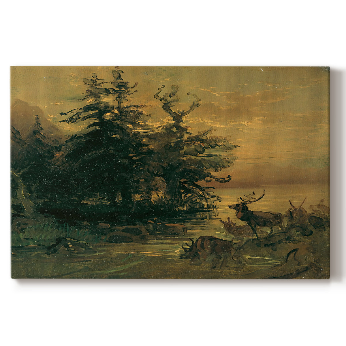 Canvas art print portraying deer near lakeshore with mountains behind, set against a white background