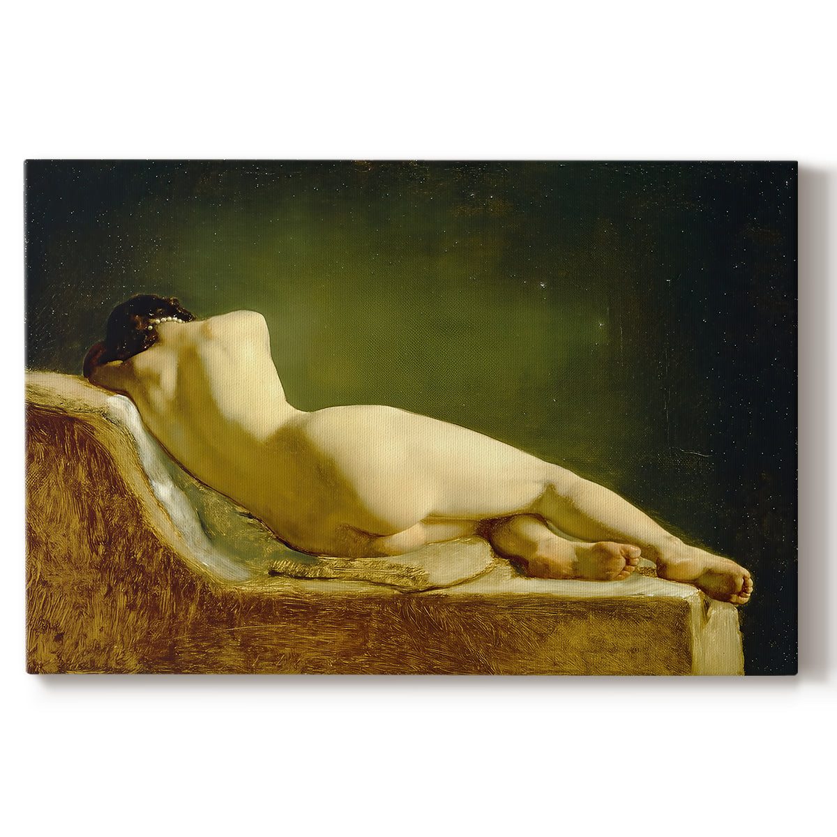 Canvas art print portraying a nude figure lying on couch in relaxed pose within interior setting, set against a white background