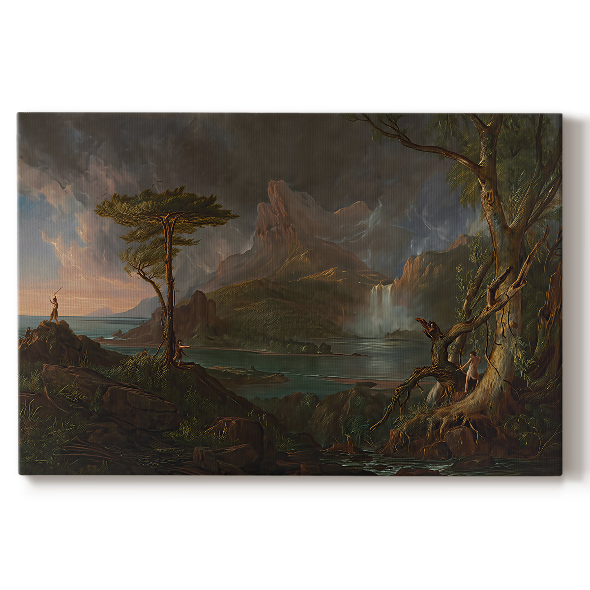 Canvas art print portraying a rugged natural landscape with dense trees and flowing water under dramatic sky, set against a white background