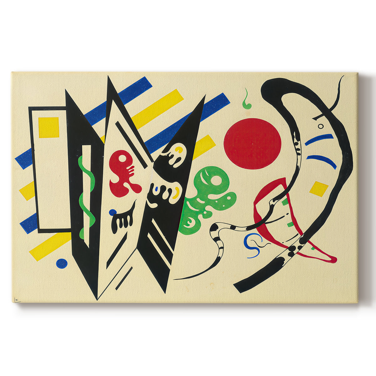 Canvas art print portraying an abstract composition of geometric shapes and lines arranged in balanced layout, set against a white background