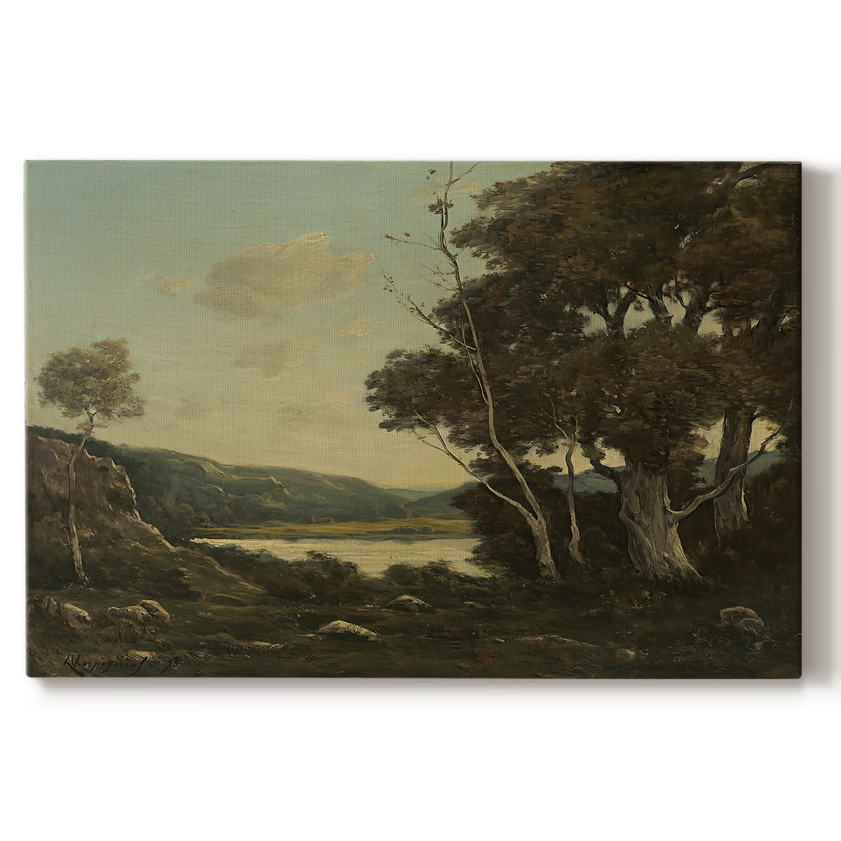 Canvas art print portraying an open countryside landscape with trees and distant horizon under soft sky, set against a white background
