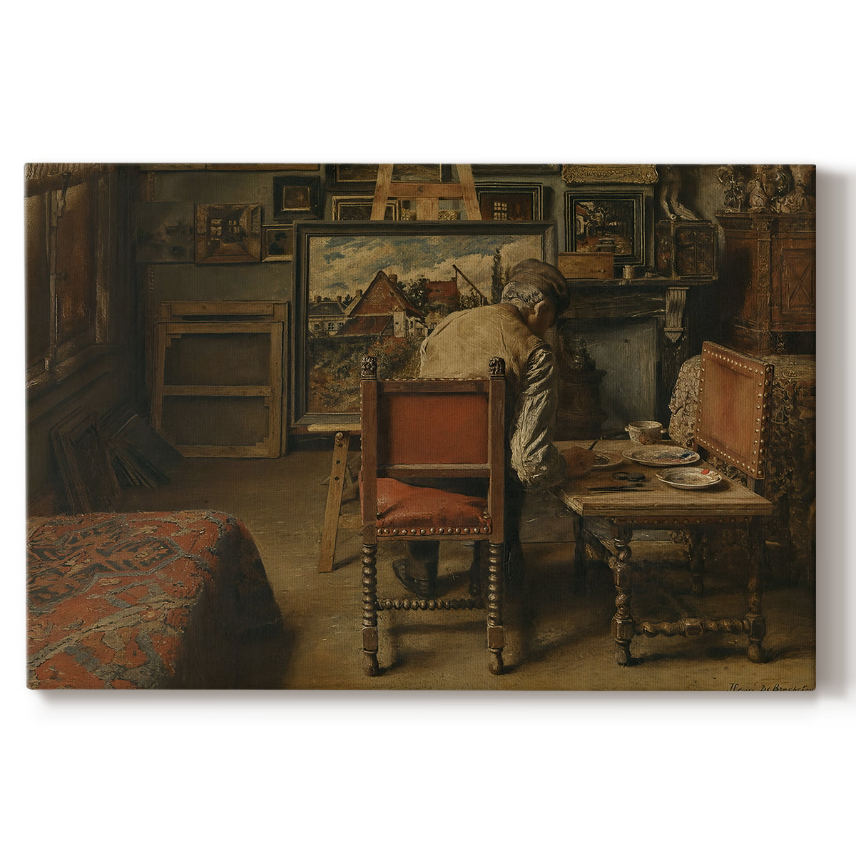 Canvas art print portraying a figure seated indoors carefully working on artwork at table, set against a white background