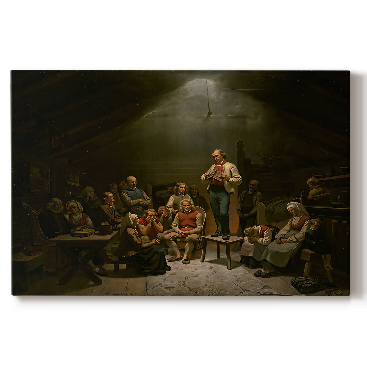 Canvas art print portraying a group of worshippers gathered in a dark interior engaged in religious devotion, set against a white background