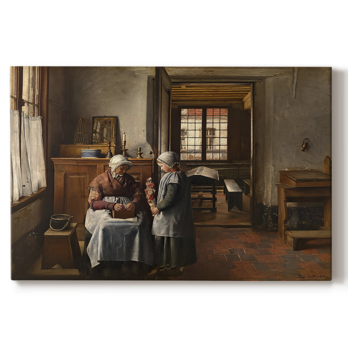 Canvas art print portraying a group gathered around table sharing meal in warm interior setting, set against a white background