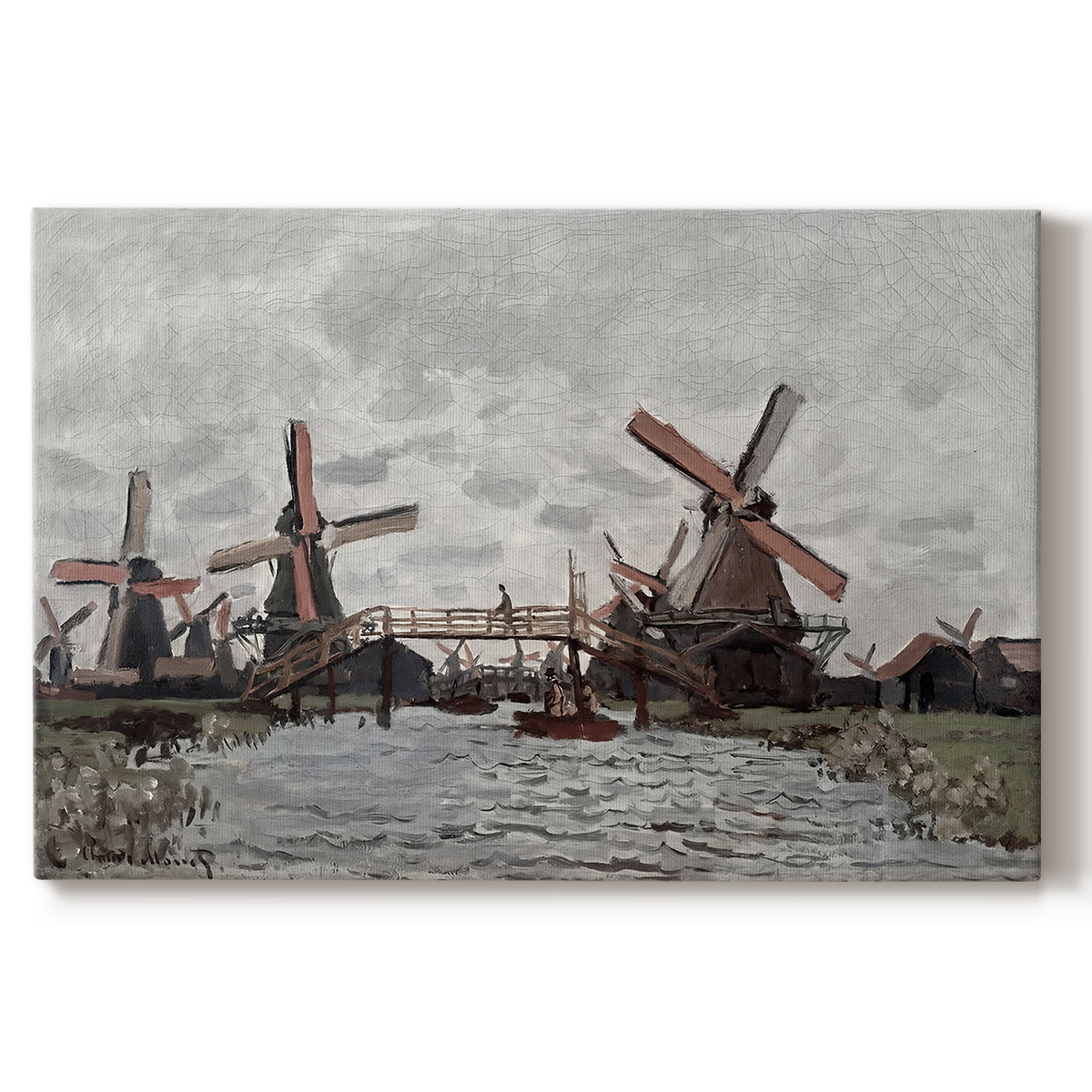 Canvas art print portraying windmills standing beside water under open sky in rural landscape, set against a white background
