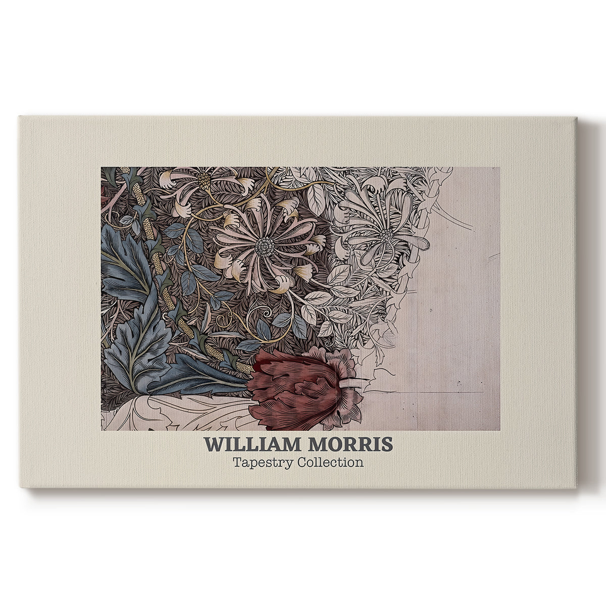 Canvas art print portraying a repeating pattern of intertwining vines, leaves, and flowers arranged in dense textile design, set against a white background
