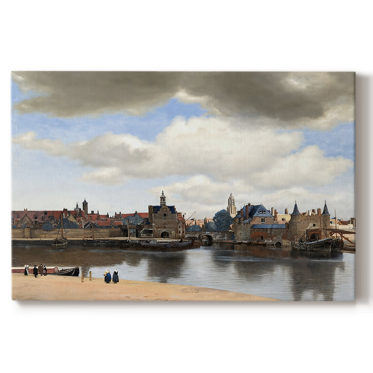 Canvas art print portraying a cityscape of Delft with buildings reflected in calm water, set against a white background