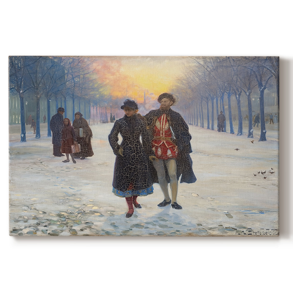 Canvas art print portraying figures walking through snowy street in quiet winter village scene, set against a white background