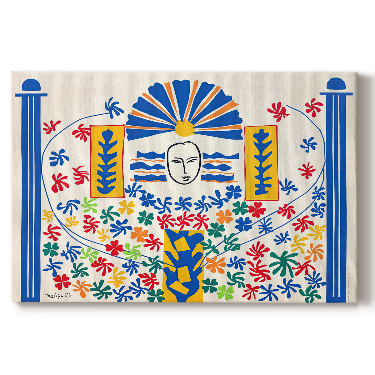 Canvas art print portraying an abstract geometric composition with stylized human and decorative elements, set against a white background