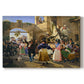 Canvas art print portraying a group of people eating and drinking together in lively tavern setting, set against a white background