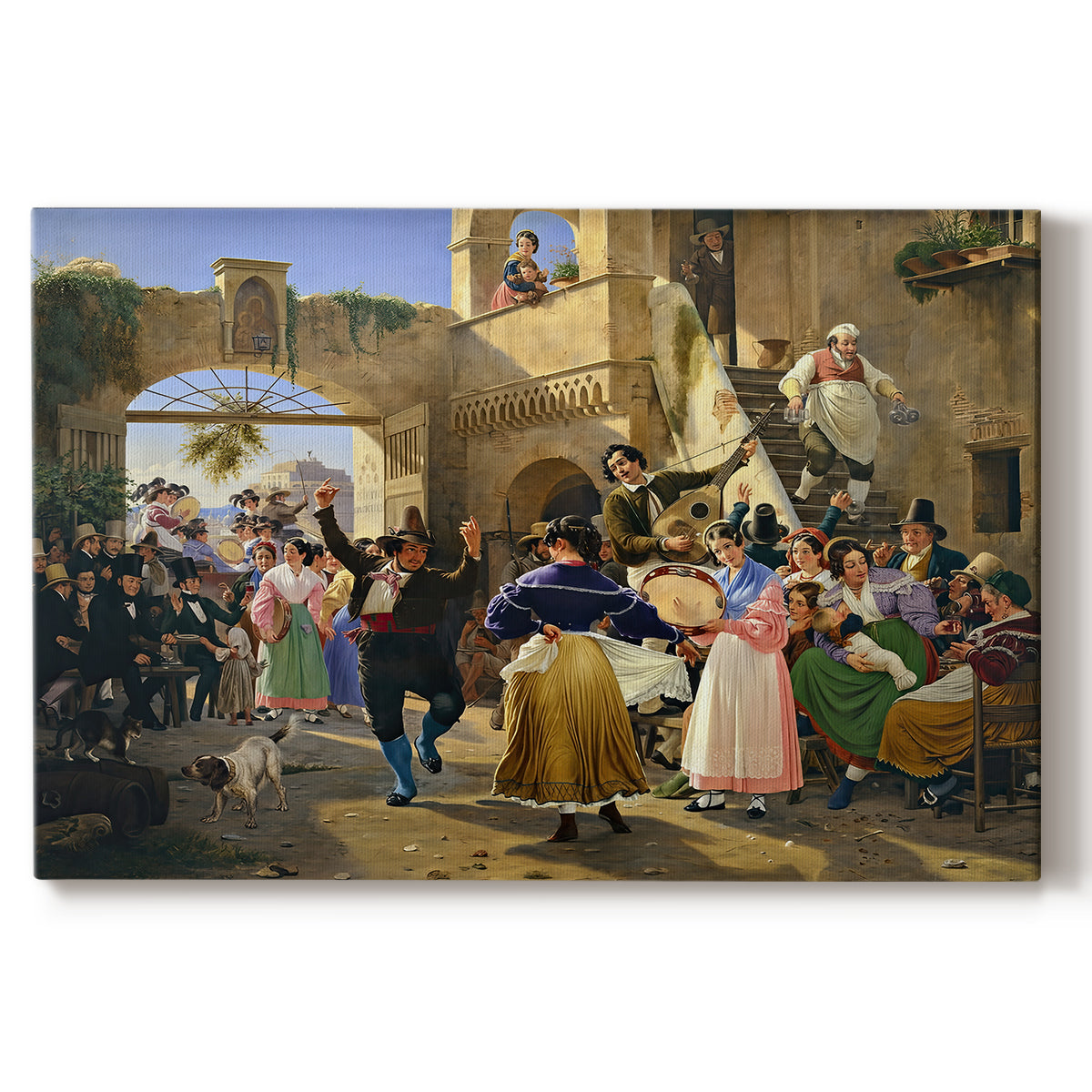 Canvas art print portraying a group of people eating and drinking together in lively tavern setting, set against a white background