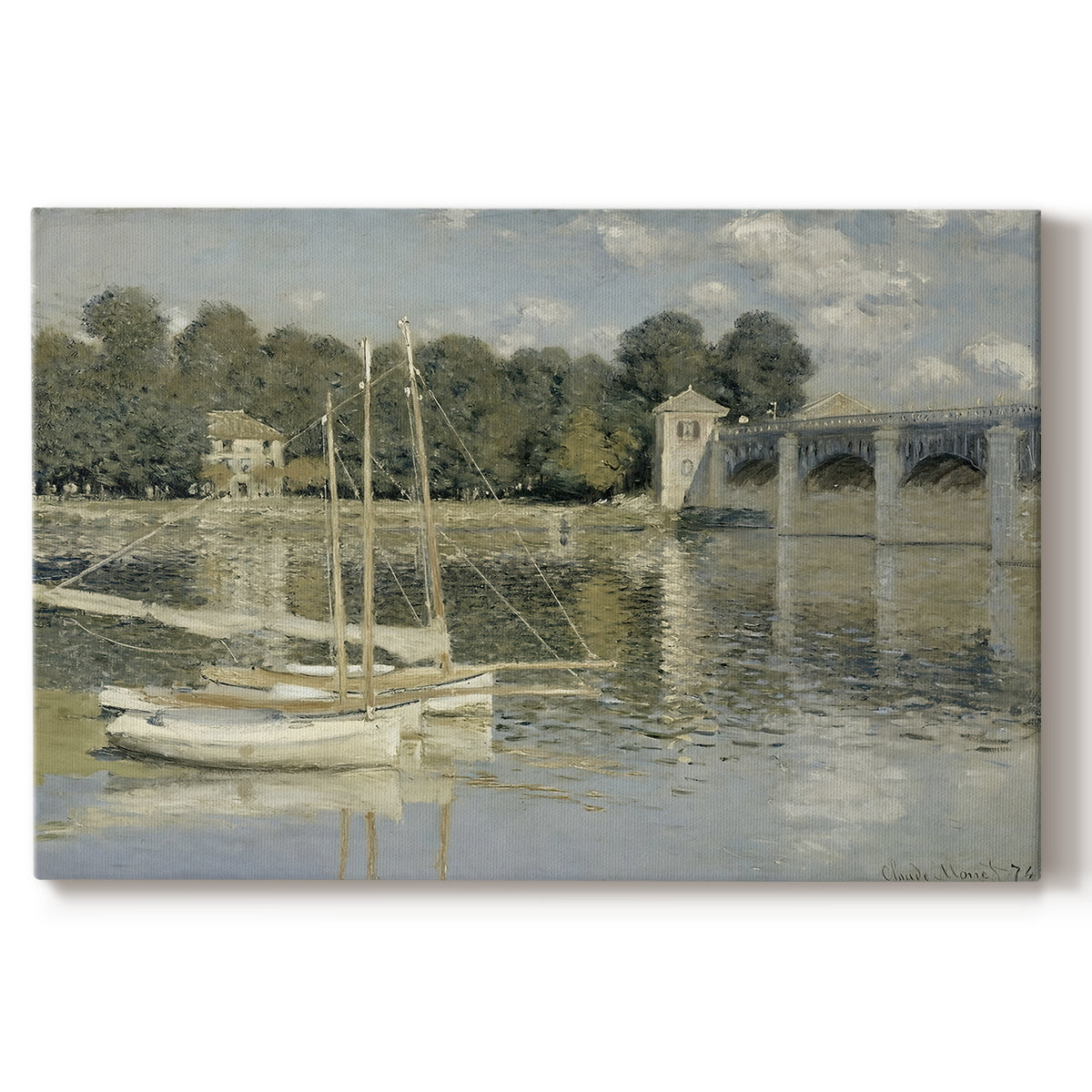Canvas art print portraying a bridge spanning river with sailboats and reflections in water, set against a white background