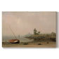 Canvas art print portraying a small boat resting on shoreline beside calm water and open sky, set against a white background