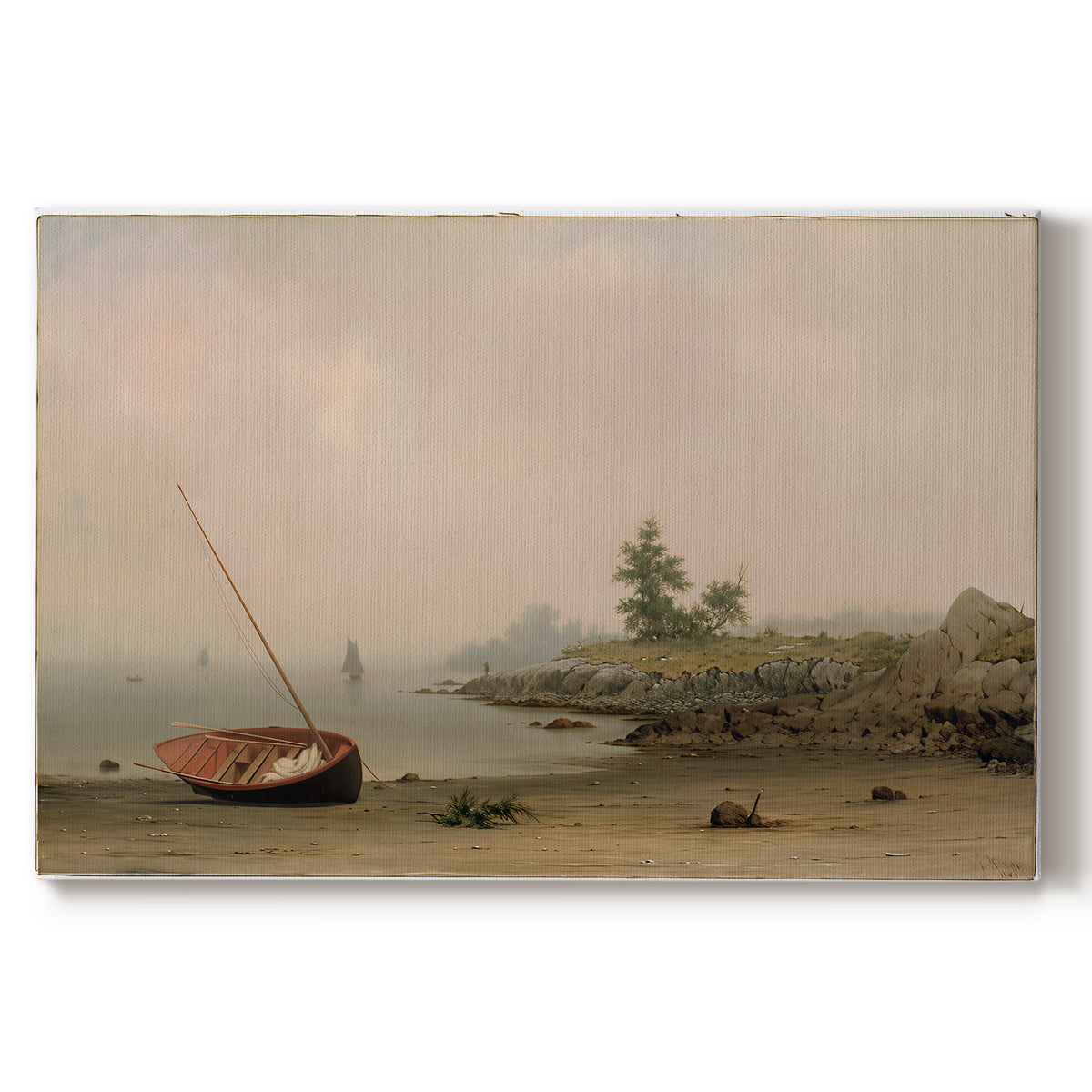 Canvas art print portraying a small boat resting on shoreline beside calm water and open sky, set against a white background