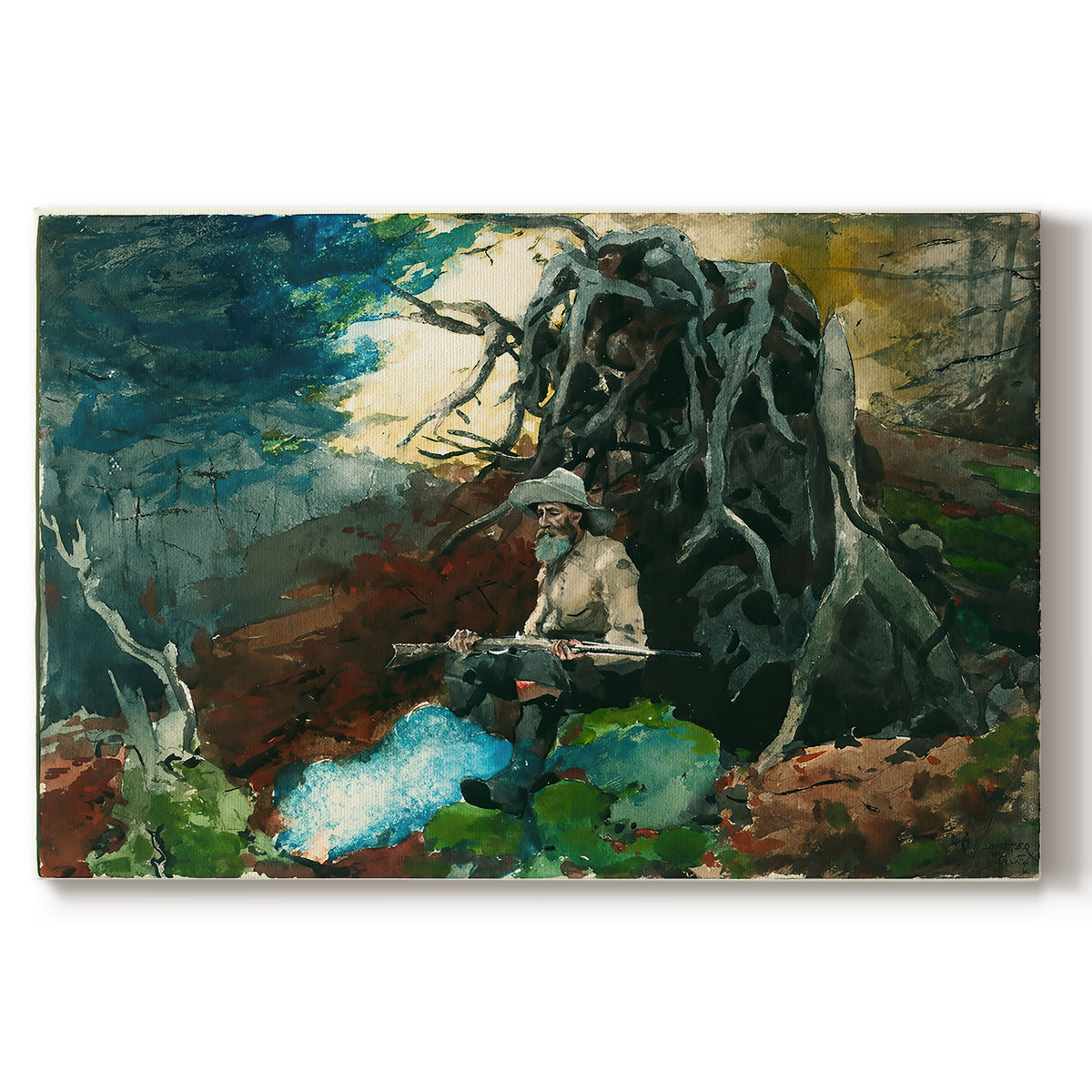 Canvas art print portraying a figure seated near fire in forest clearing surrounded by trees, set against a white background