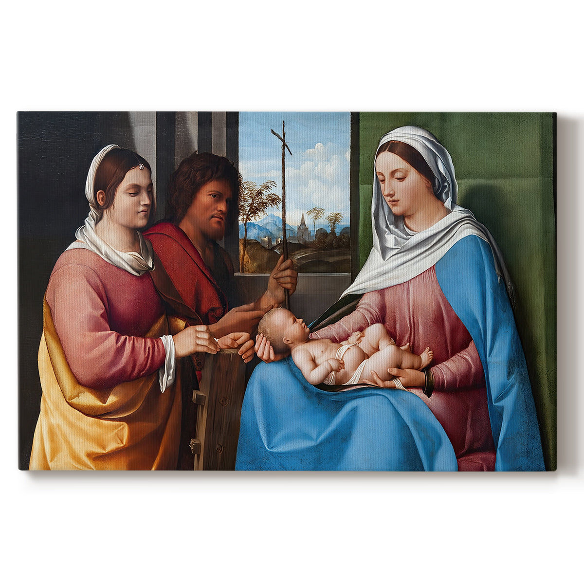 Canvas art print portraying a group of figures seated together in calm religious setting with soft landscape background, set against a white background
