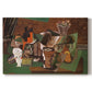 Canvas art print portraying a collage still life with cards bottles and glasses, set against a white background