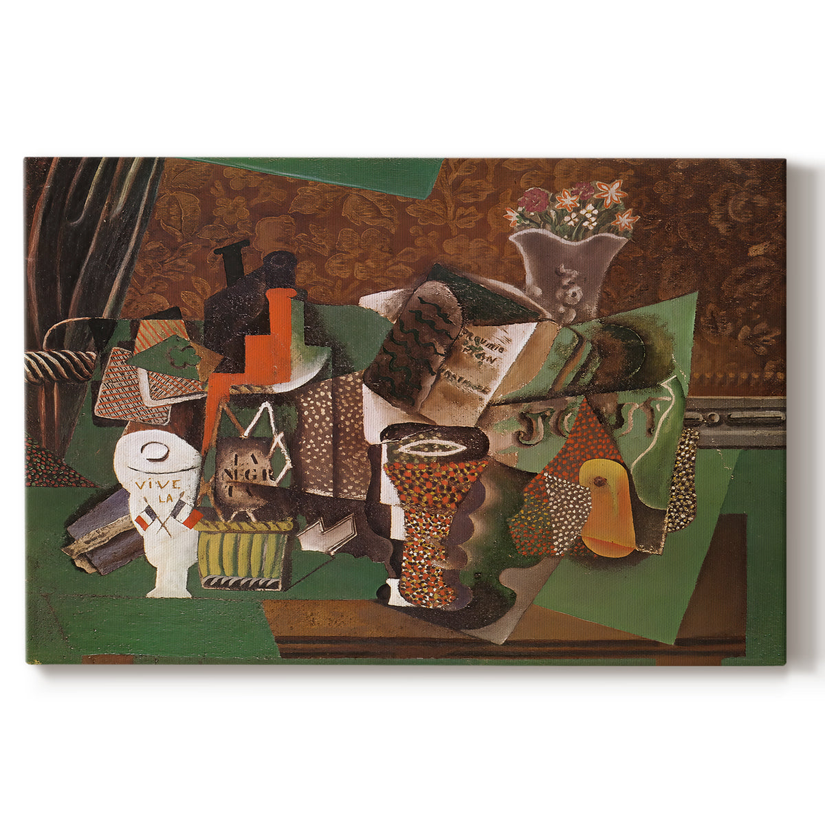 Canvas art print portraying a collage still life with cards bottles and glasses, set against a white background