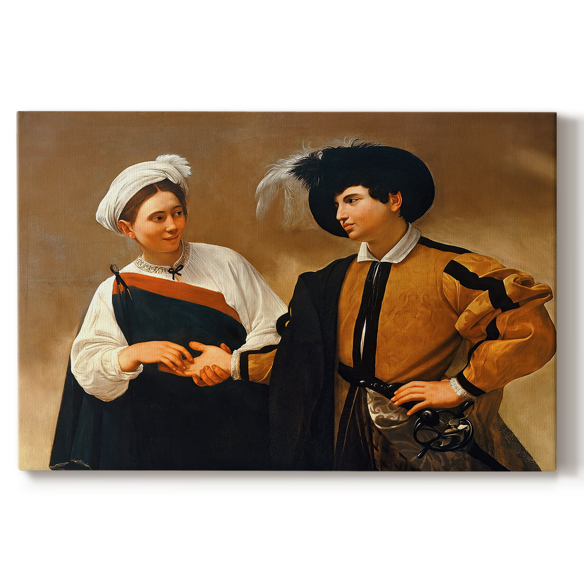 Canvas art print portraying a woman reading man's palm while discreetly removing his ring, set against a white background