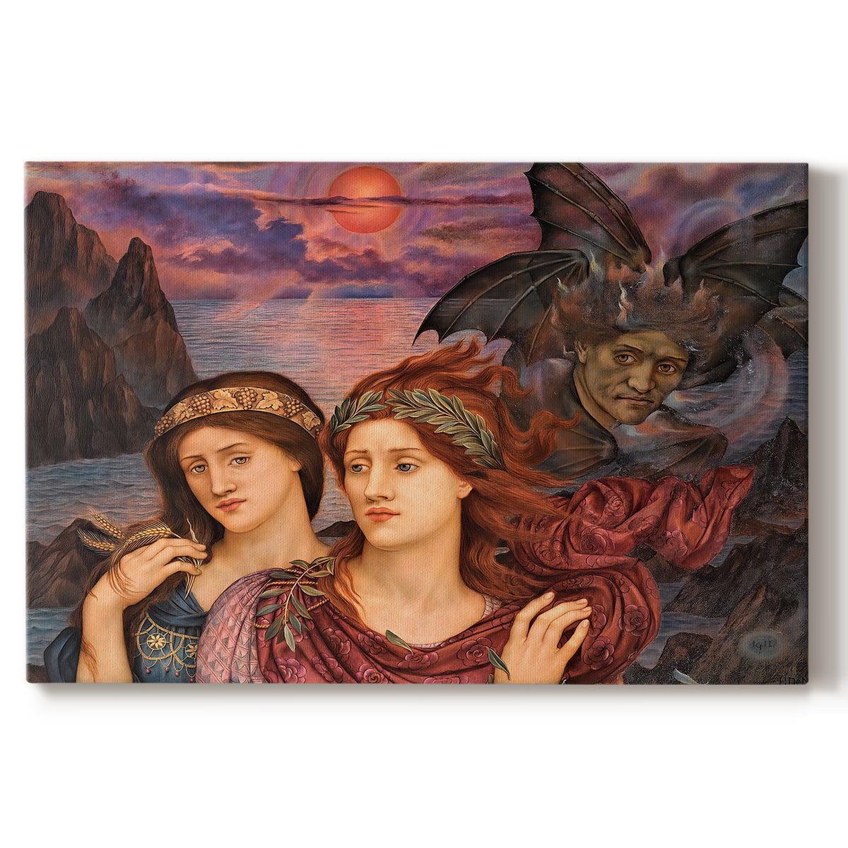 Canvas art print portraying two female figures gazing outward with vivid sky behind them, set against a white background