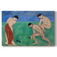 Canvas art print portraying figures playing bowls outdoors in a simplified colorful landscape, set against a white background